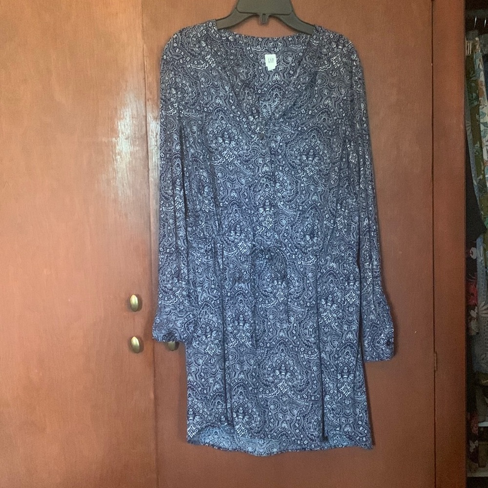 Navy and white print dress.